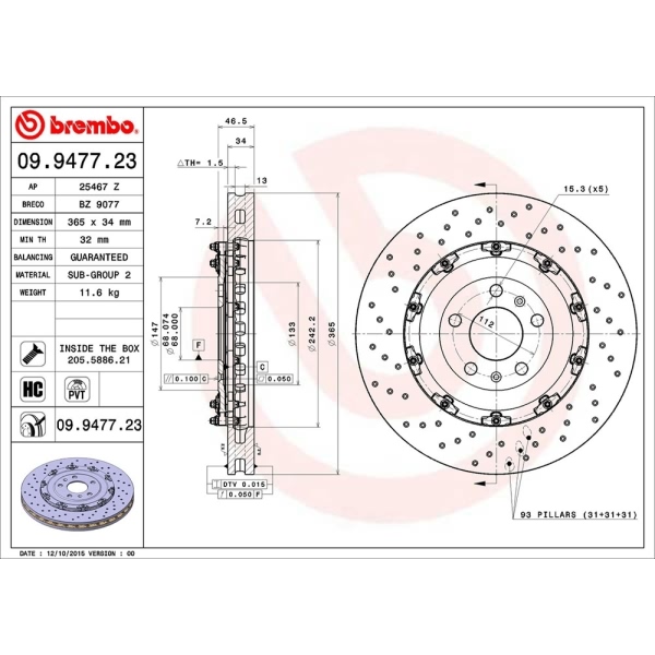 brembo OE Replacement Drilled Vented Front Brake Rotor 09.9477.23