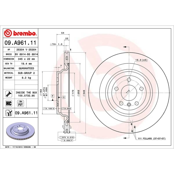 brembo UV Coated Series Vented Rear Brake Rotor 09.A961.11