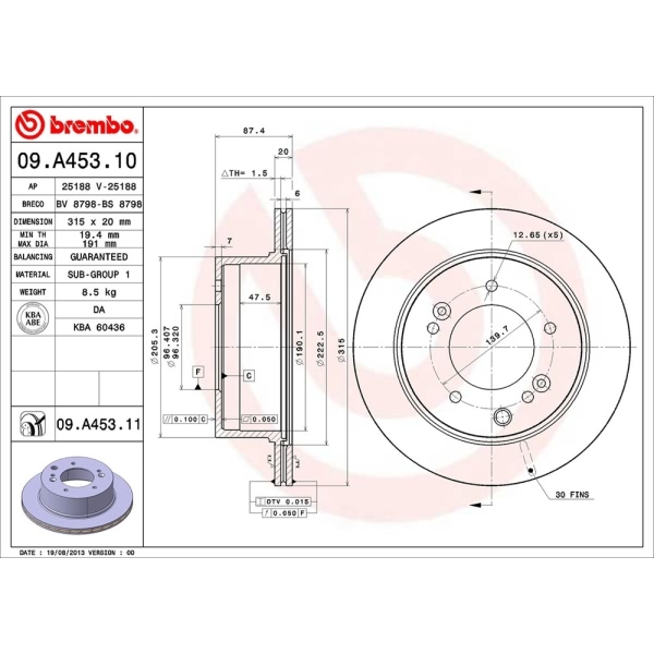 brembo UV Coated Series Vented Rear Brake Rotor 09.A453.11