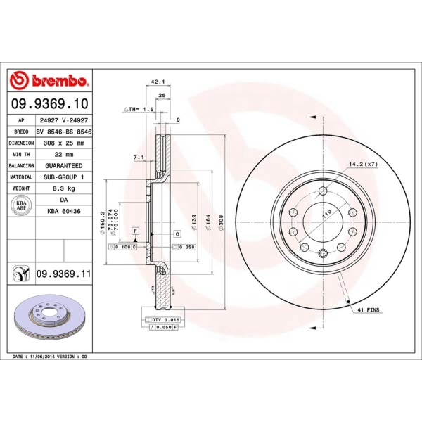 brembo UV Coated Series Vented Front Brake Rotor 09.9369.11