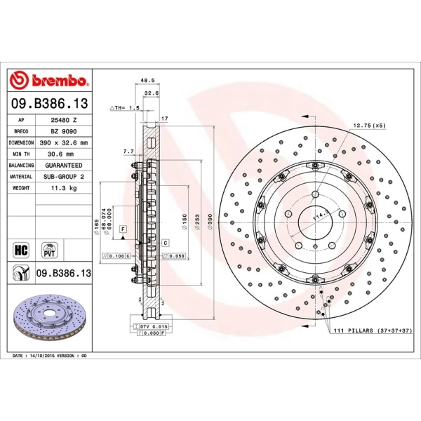 brembo OE Replacement Drilled Vented Front Brake Rotor 09.B386.13