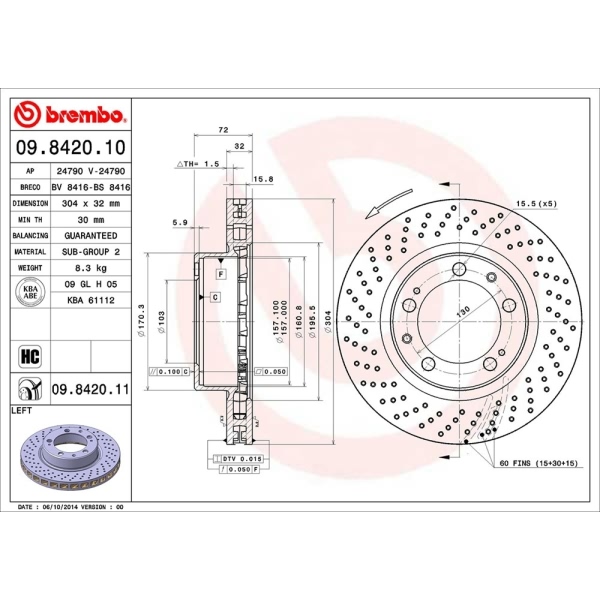 brembo UV Coated Series Drilled Front Driver Side Brake Rotor 09.8420.11