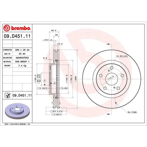 brembo UV Coated Series Vented Front Brake Rotor 09.D451.11
