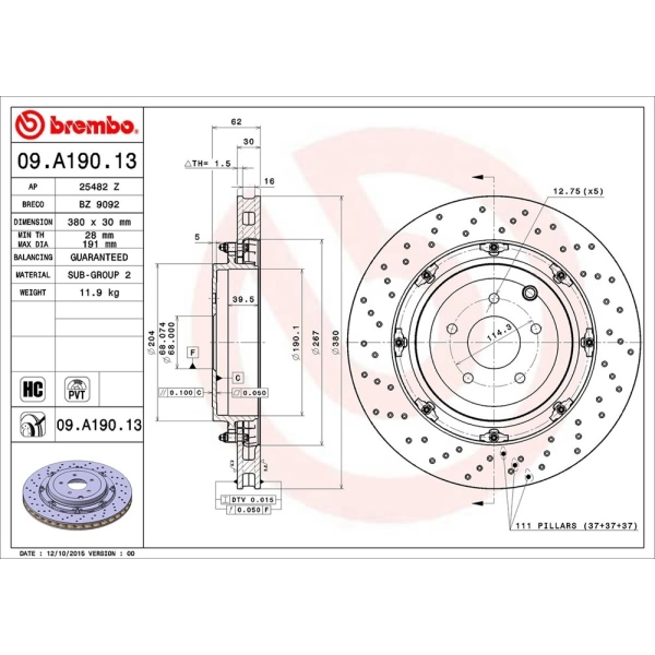 brembo OE Replacement Drilled Vented Rear Brake Rotor 09.A190.13