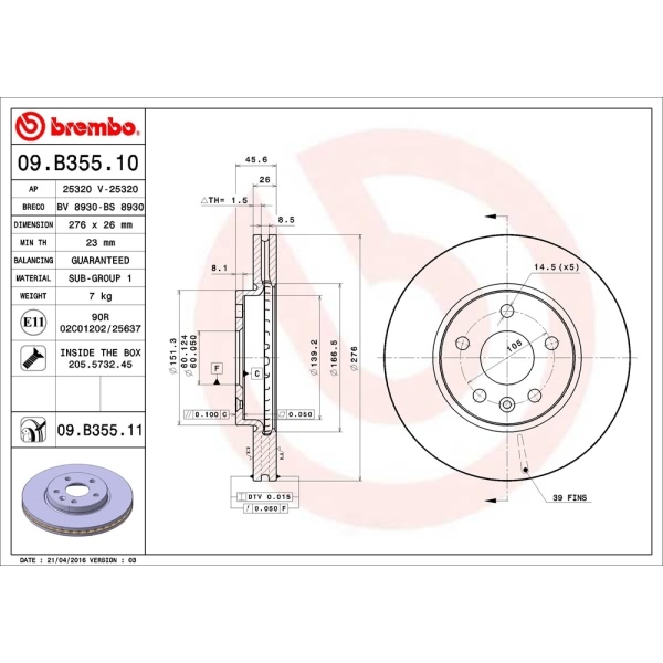 brembo UV Coated Series Vented Front Brake Rotor 09.B355.11