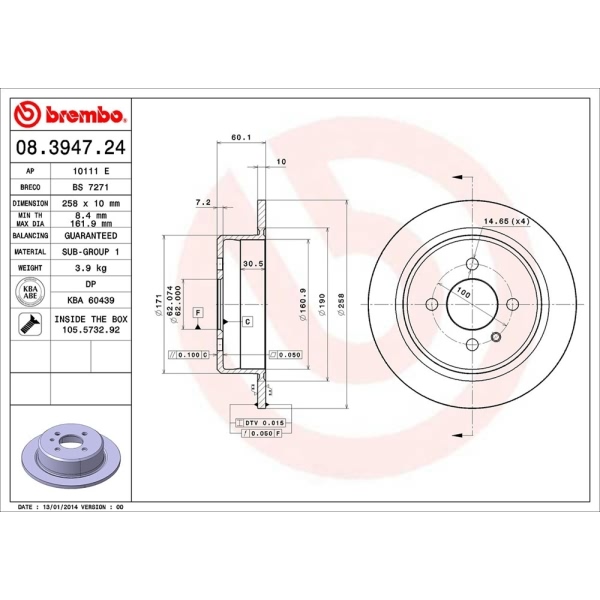 brembo OE Replacement Solid Rear Brake Rotor 08.3947.24