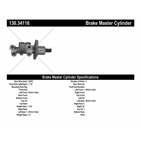 Centric Premium Brake Master Cylinder 130.34116