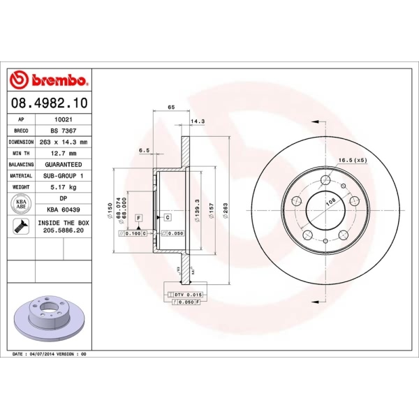 brembo OE Replacement Solid Front Brake Rotor 08.4982.10