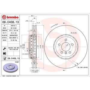 brembo OE Replacement Front Passenger Side Brake Rotor for 2015 BMW 750i - 09.C408.13