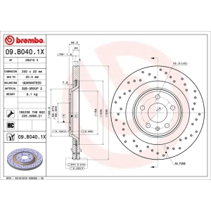 brembo Premium Xtra Cross Drilled UV Coated 1-Piece Rear Brake Rotors for 2011 Audi S5 - 09.B040.1X