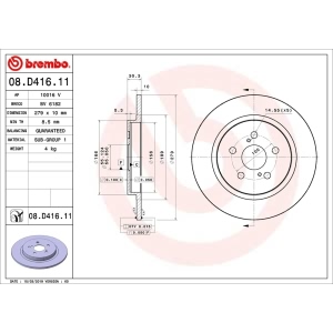 brembo UV Coated Series Solid Rear Brake Rotor for 2011 Lexus CT200h - 08.D416.11