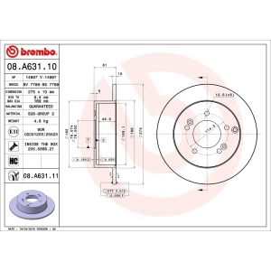 brembo UV Coated Series Solid Rear Brake Rotor for 2008 Kia Rondo - 08.A631.11