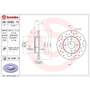 brembo Premium Xtra Cross Drilled UV Coated 1-Piece Rear Brake Rotors for Fiat 500 - 08.5085.1X