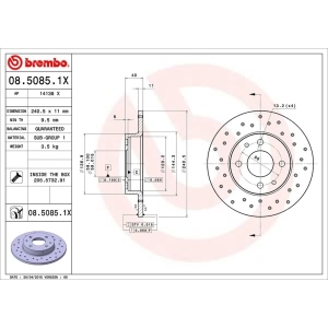 brembo Premium Xtra Cross Drilled UV Coated 1-Piece Rear Brake Rotors - 08.5085.1X