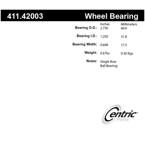 Centric Premium™ Rear Driver Side Inner Single Row Wheel Bearing - 411.42003
